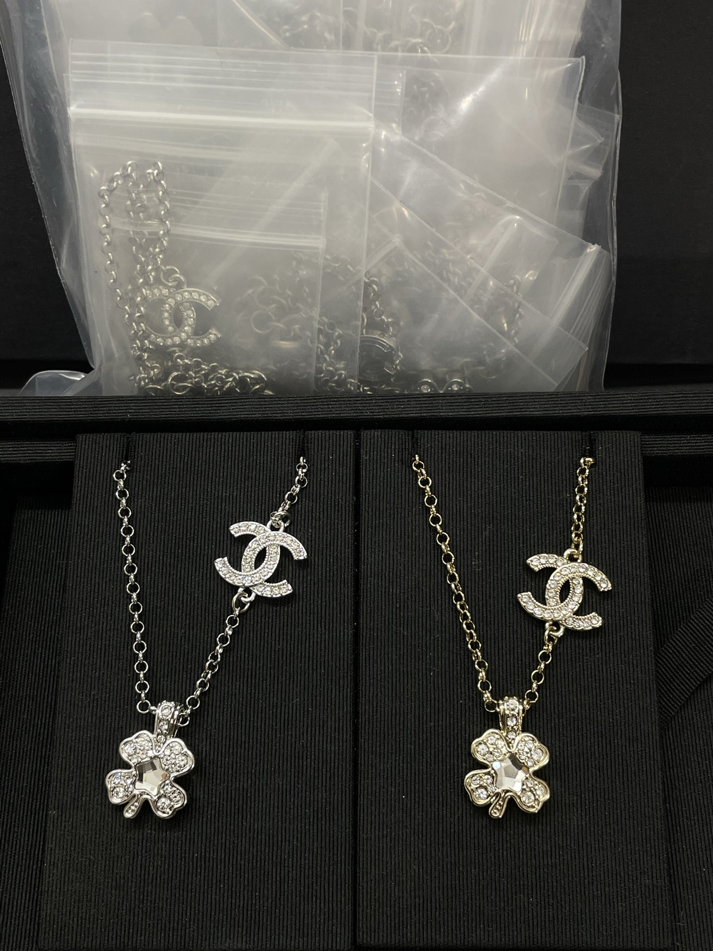 CHANEL Necklace Double C Four-Leaf Clover Diamond-Studded