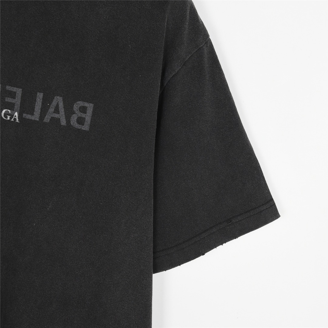 Balenciaga/巴黎世家 25ss 反转字母双B印花水洗破洞短袖T恤