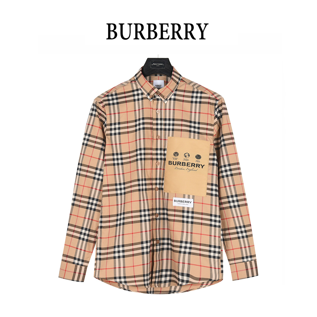 Burberry/巴宝莉 标签贴布格纹长袖衬衫