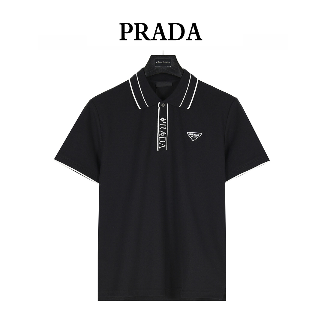 Prada /普拉达 25ss 门襟螺纹字母三角标刺绣短袖Polo衫