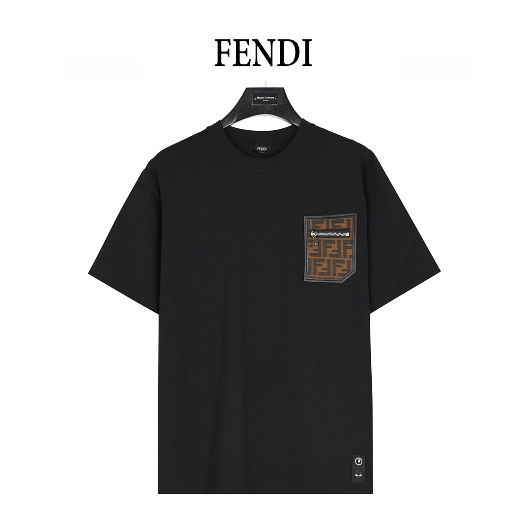 Fendi/芬迪 皮革饰边拉链口袋短袖T恤