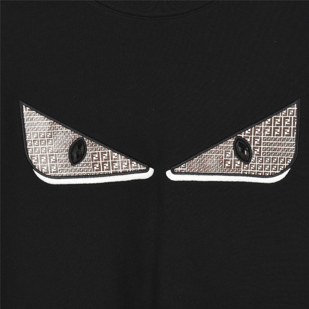 FENDI/芬迪 25ss 老花拼布恶魔烫钻小眼睛刺绣短袖T恤 黑色 白色