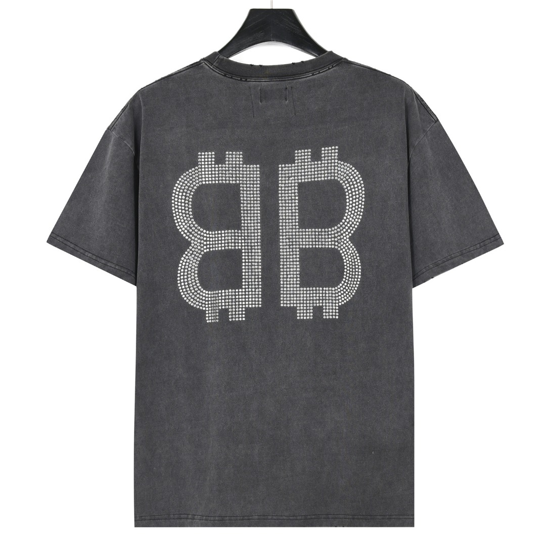 Balenciaga/巴黎世家 25ss 双B比特币烫钻炒盐破洞短袖T恤