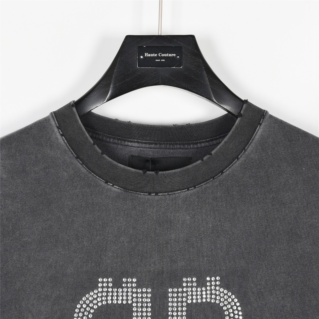 Balenciaga/巴黎世家 25ss 双B比特币烫钻炒盐破洞短袖T恤