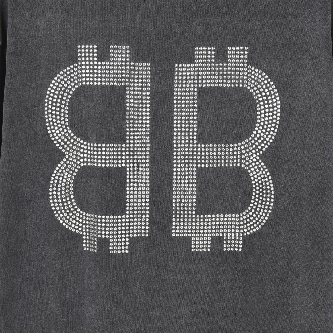 Balenciaga/巴黎世家 25ss 双B比特币烫钻炒盐破洞短袖T恤