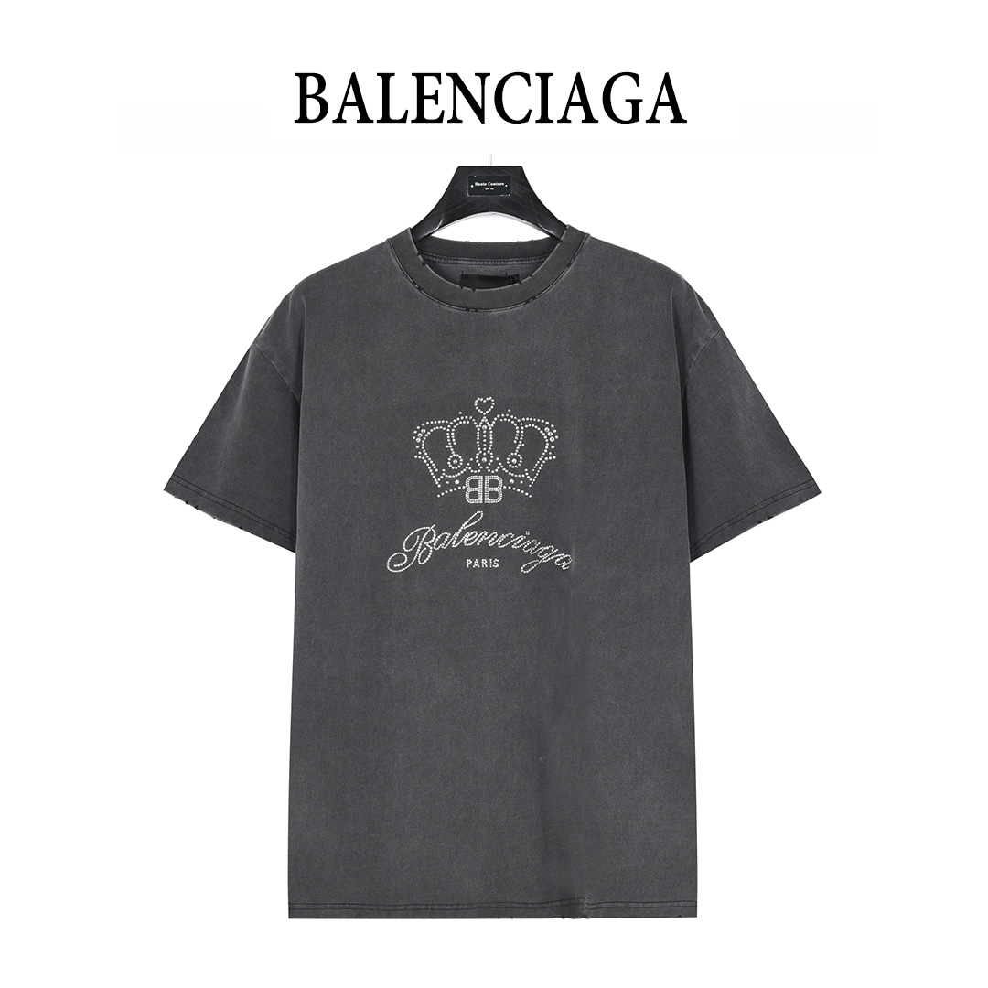 Balenciaga/巴黎世家 25ss 水洗皇冠烫钻炒盐破洞短袖T恤