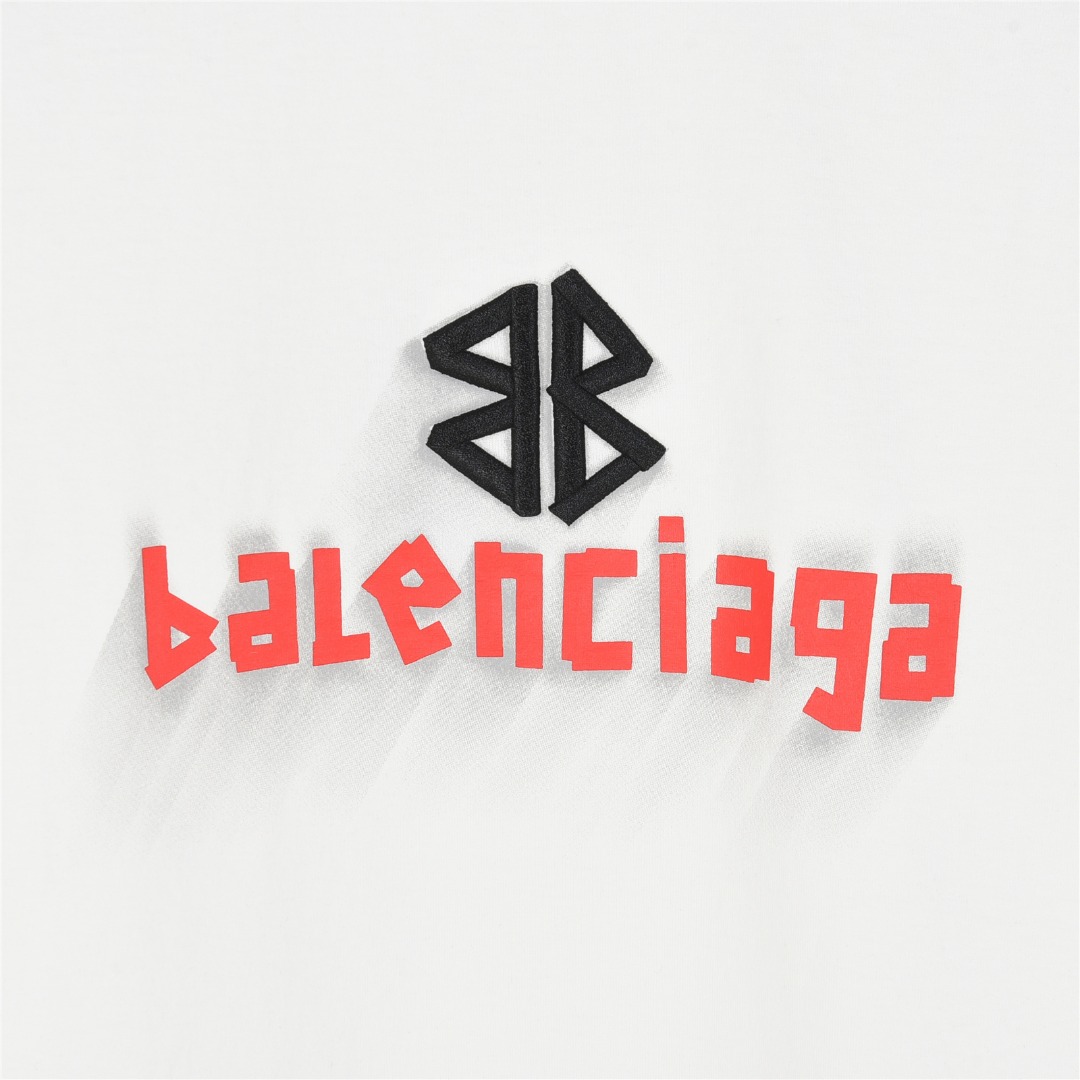 Balenciaga 巴黎世家 25ss 双B刺绣及3D重影喷墨logo破洞短袖T恤