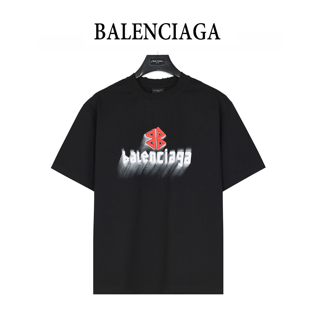 Balenciaga/巴黎世家 25ss 双B刺绣及3D重影喷墨logo破洞短袖T恤