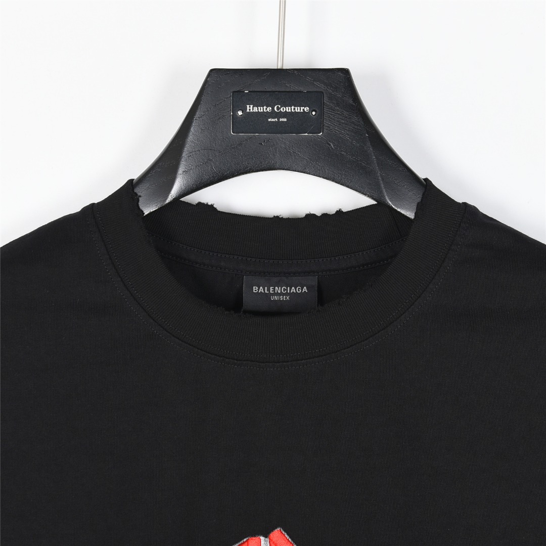 Balenciaga/巴黎世家 25ss 双B刺绣及3D重影喷墨logo破洞短袖T恤