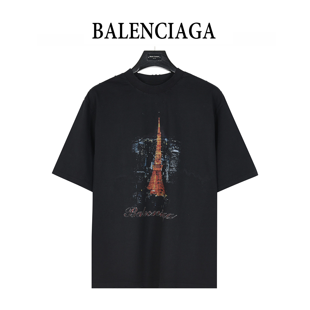 Balenciaga/巴黎世家 东京铁塔数码直喷破洞短袖T恤
