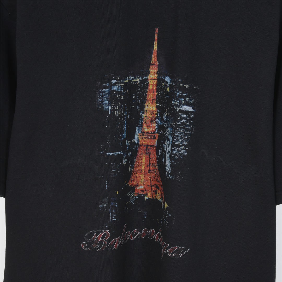 Balenciaga/巴黎世家 东京铁塔数码直喷破洞短袖T恤