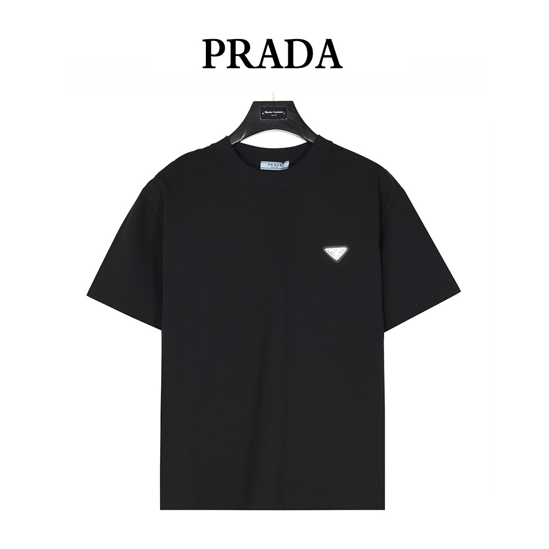 PRADA/普拉达25ss 金属三角标及后背暗纹拱桥刺绣短袖T恤