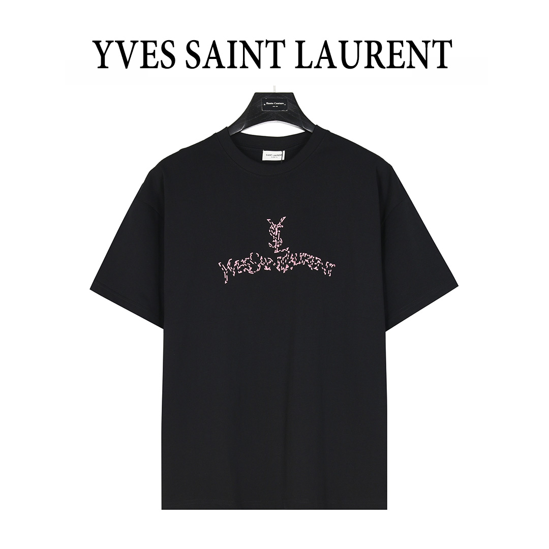 SAINT LAURENT/圣罗兰 25ss 经典字母logo撞色刺绣短袖T恤 杏色 黑色