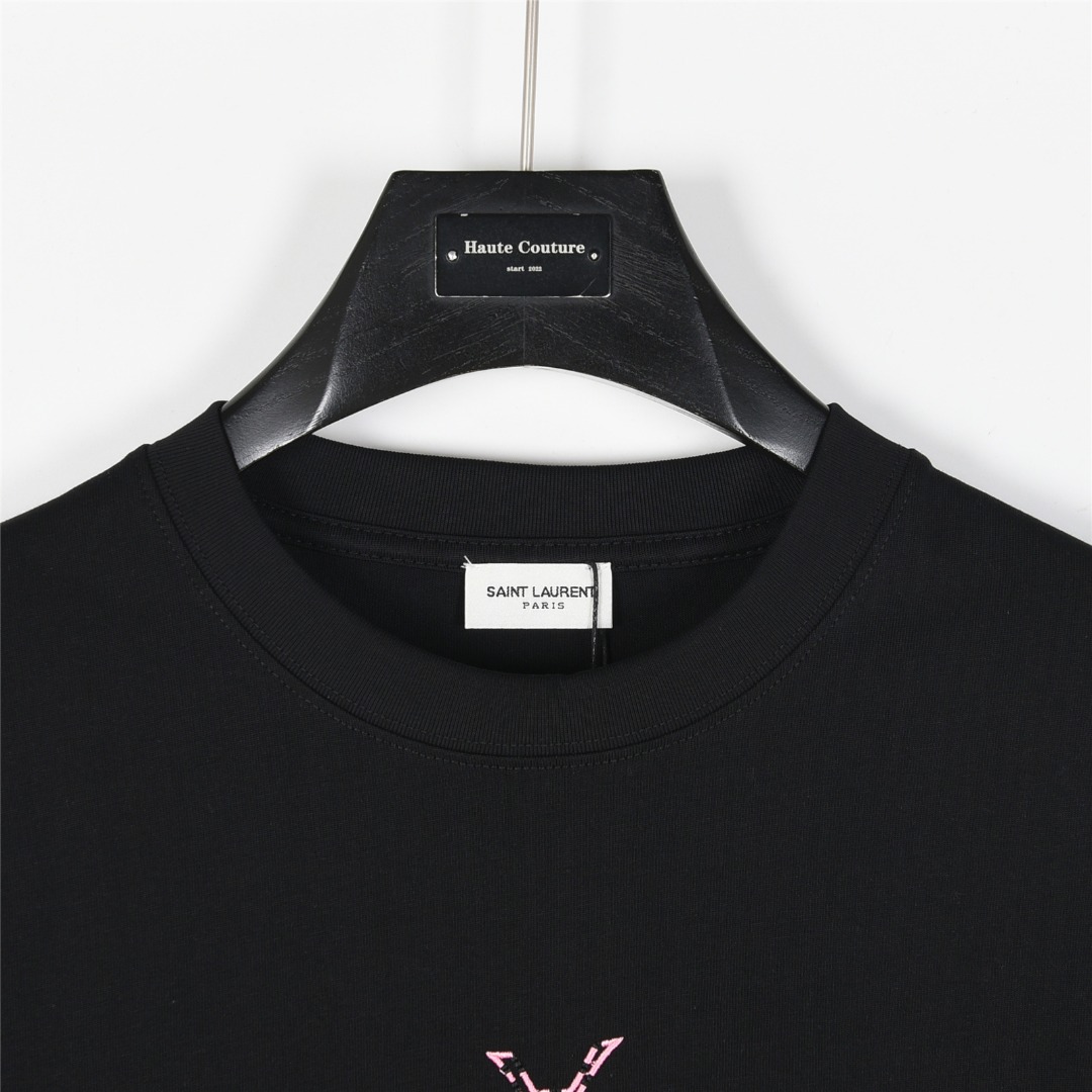 SAINT LAURENT/圣罗兰 25ss 经典字母logo撞色刺绣短袖T恤 杏色 黑色