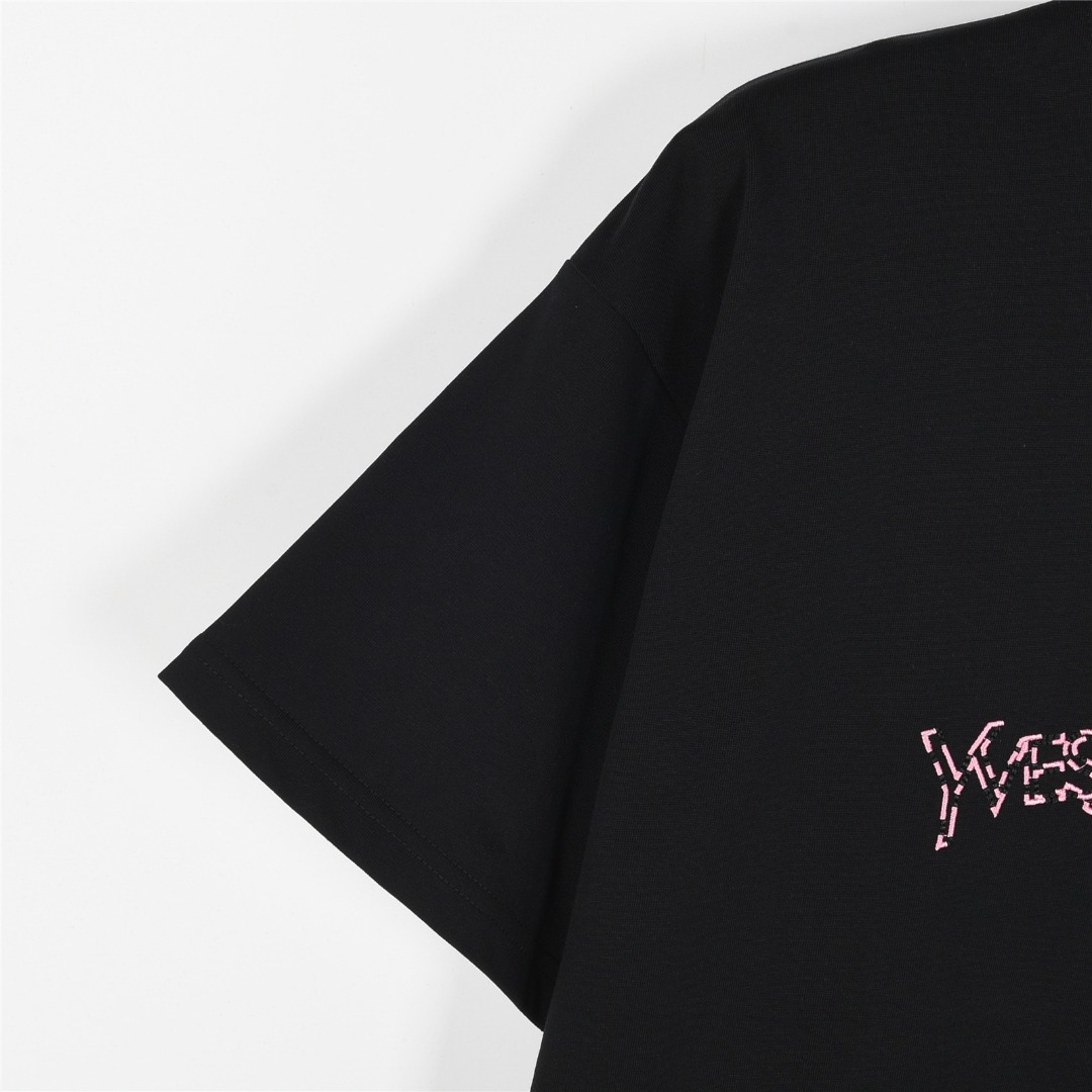 SAINT LAURENT/圣罗兰 25ss 经典字母logo撞色刺绣短袖T恤 杏色 黑色