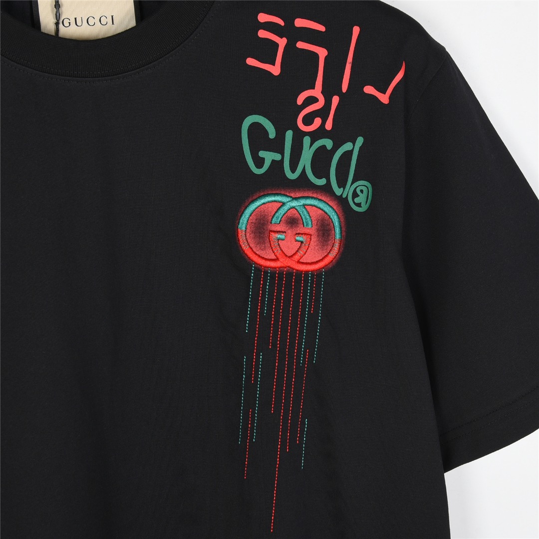 Gucci/古驰 25ss 肩膀红绿logo撞色流苏刺绣短袖T恤