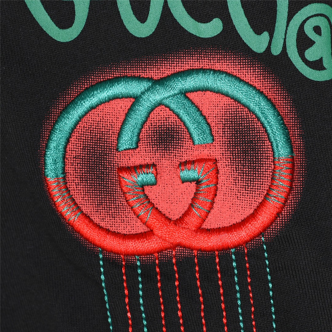 Gucci/古驰 25ss 肩膀红绿logo撞色流苏刺绣短袖T恤