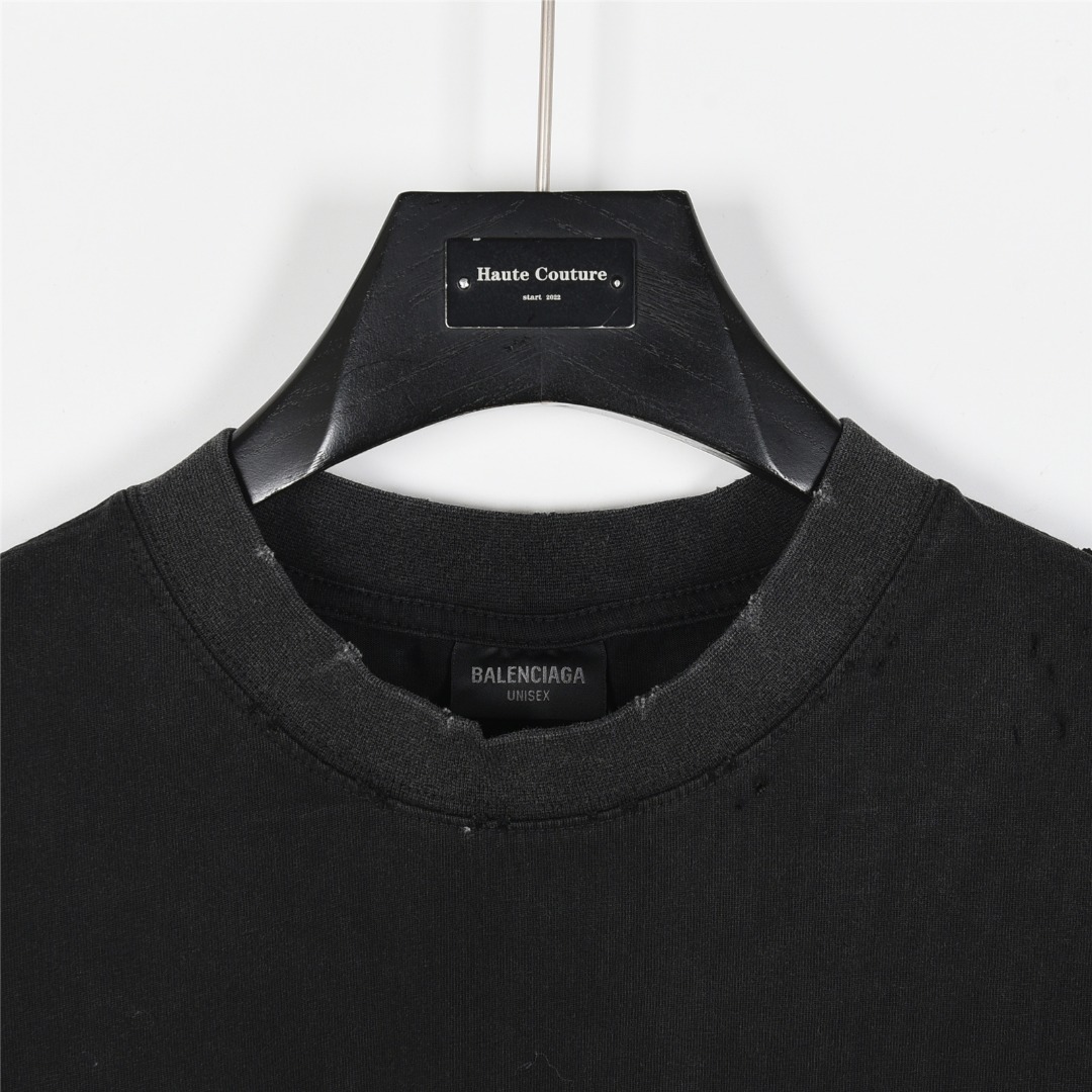 Balenciga/巴黎世家 后背梵文字母龟裂印花做旧磨破短袖T恤