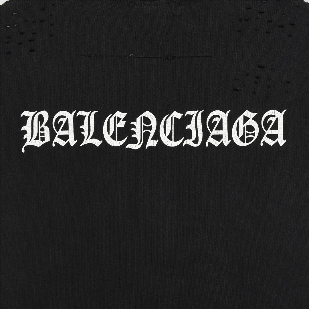 Balenciga/巴黎世家 后背梵文字母龟裂印花做旧磨破短袖T恤