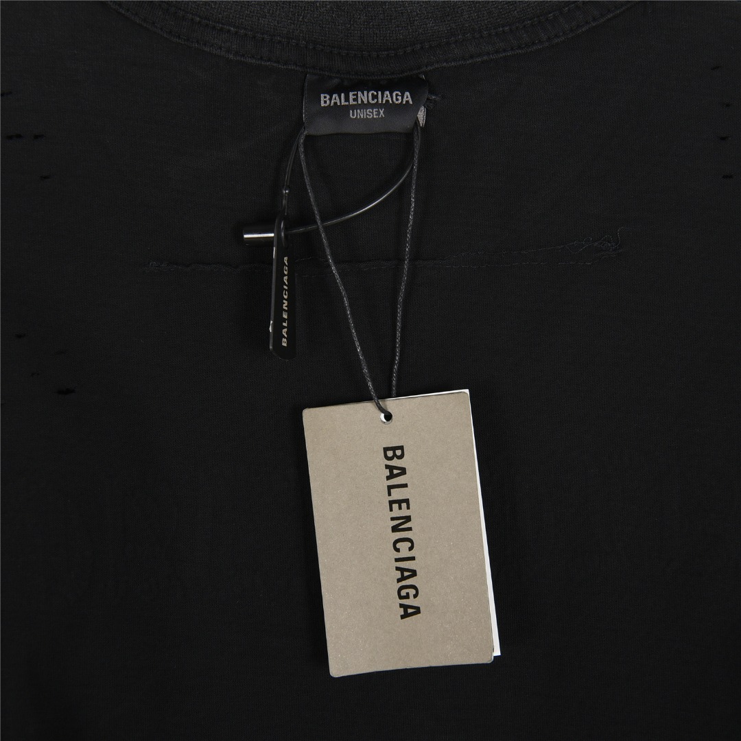 Balenciga/巴黎世家 后背梵文字母龟裂印花做旧磨破短袖T恤