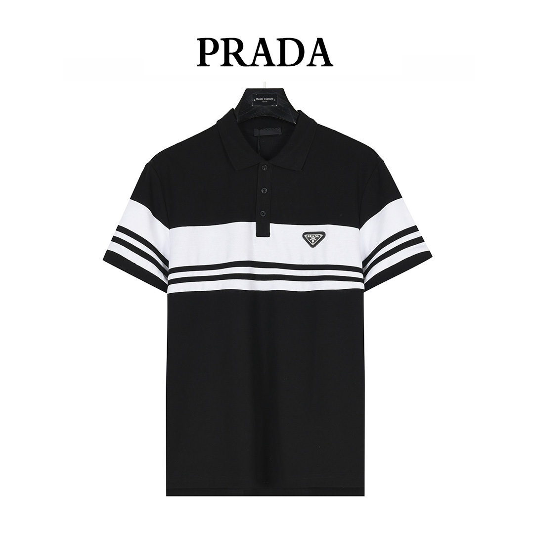 PRADA/普拉达 条纹拼接三角标铭牌短袖Polo衫