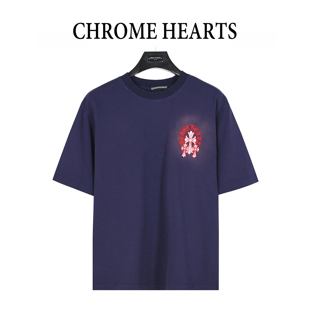 ChromeHearts/克罗心 25ss 红标十字架贴布刺绣水洗破洞短袖T恤 黑色 白色 宝蓝色 咖啡色