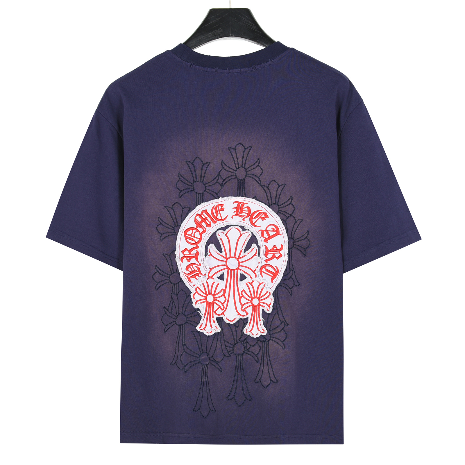 ChromeHearts/克罗心 25ss 红标十字架贴布刺绣水洗破洞短袖T恤 黑色 白色 宝蓝色 咖啡色