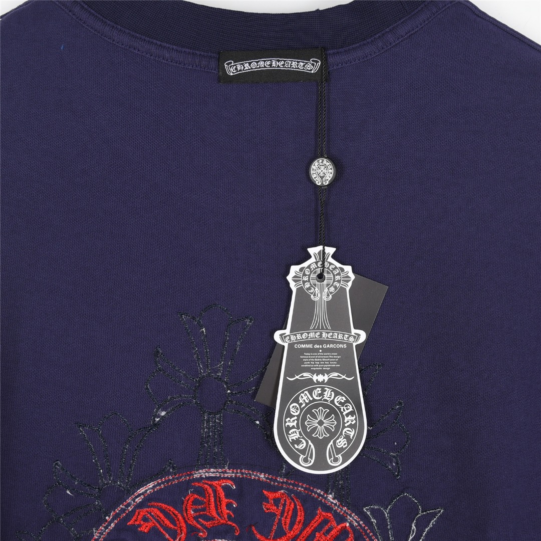 ChromeHearts/克罗心 25ss 红标十字架贴布刺绣水洗破洞短袖T恤 黑色 白色 宝蓝色 咖啡色