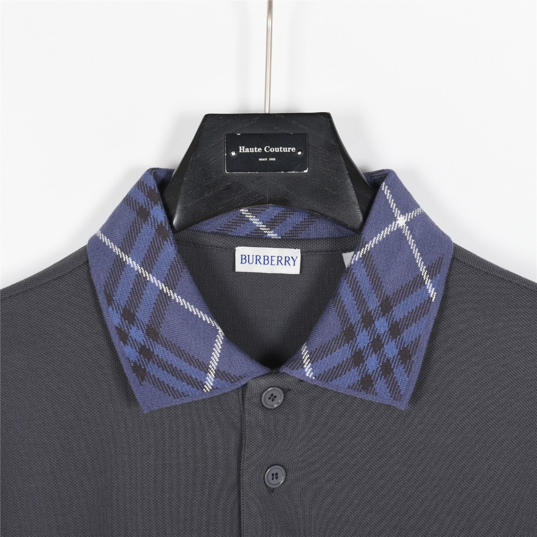 Burberry/巴宝莉 25ss 格纹领拼接翻领短袖Polo衫 黑色 杏色 灰色 绿色
