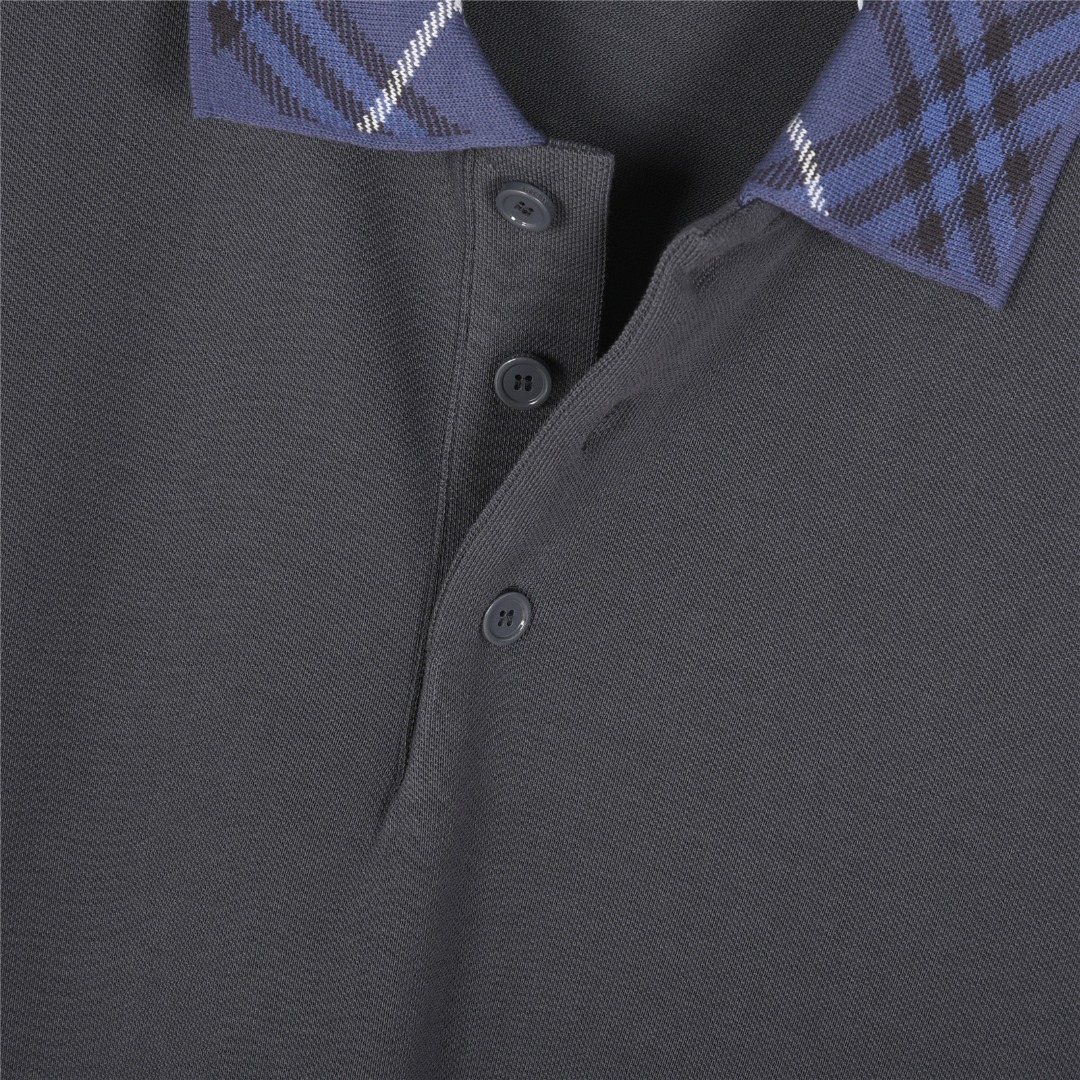 Burberry/巴宝莉 25ss 格纹领拼接翻领短袖Polo衫 黑色 杏色 灰色 绿色