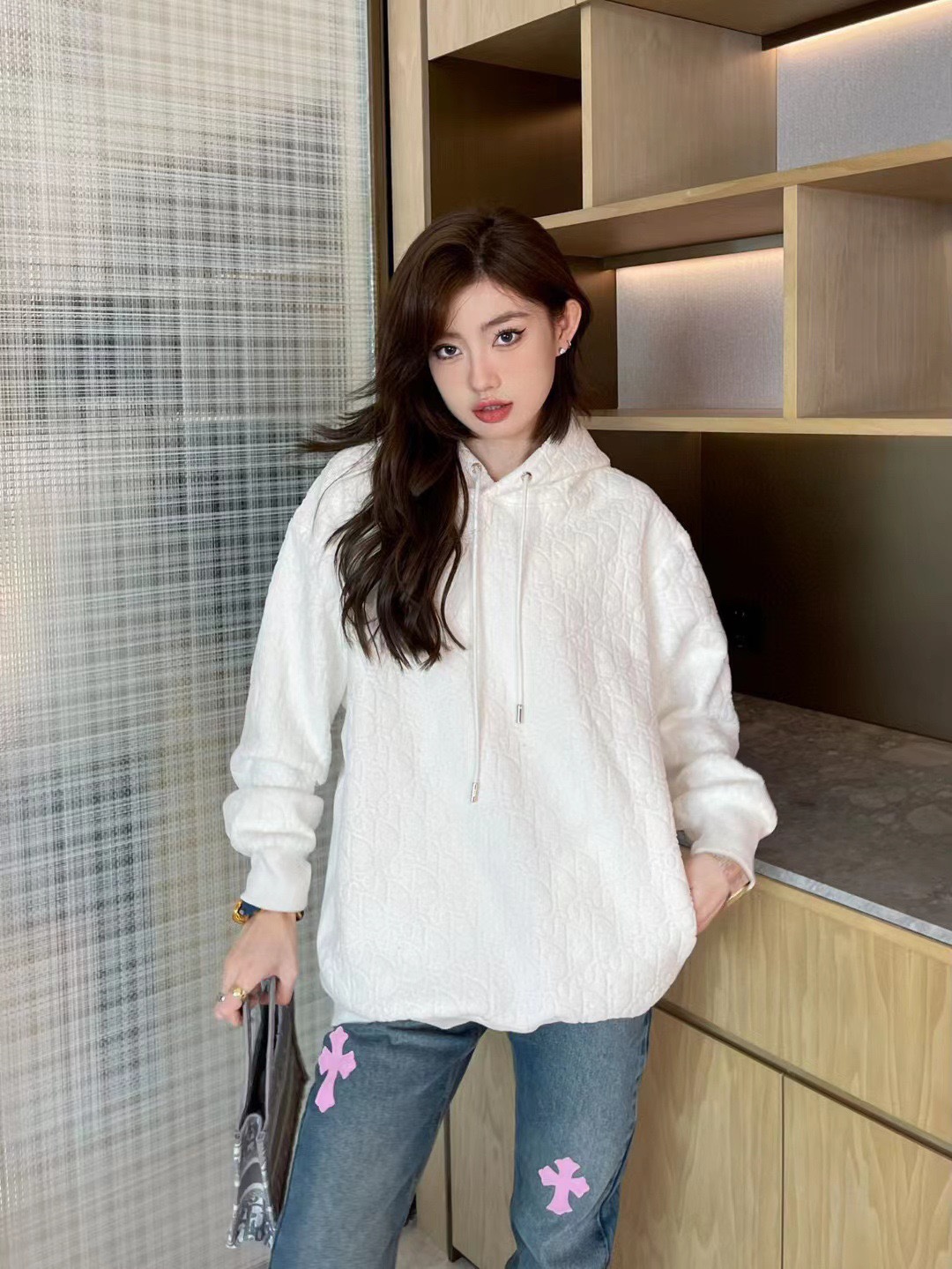 Dior/迪奥 经典满印暗纹毛巾绣连帽卫衣 上身效果#