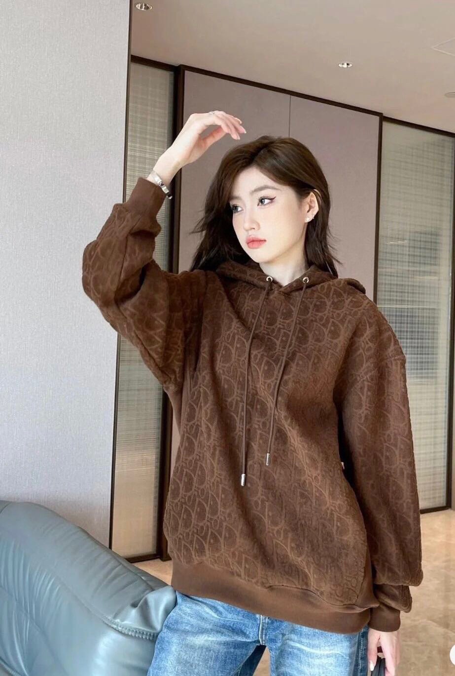 Dior/迪奥 经典满印暗纹毛巾绣连帽卫衣 上身效果#