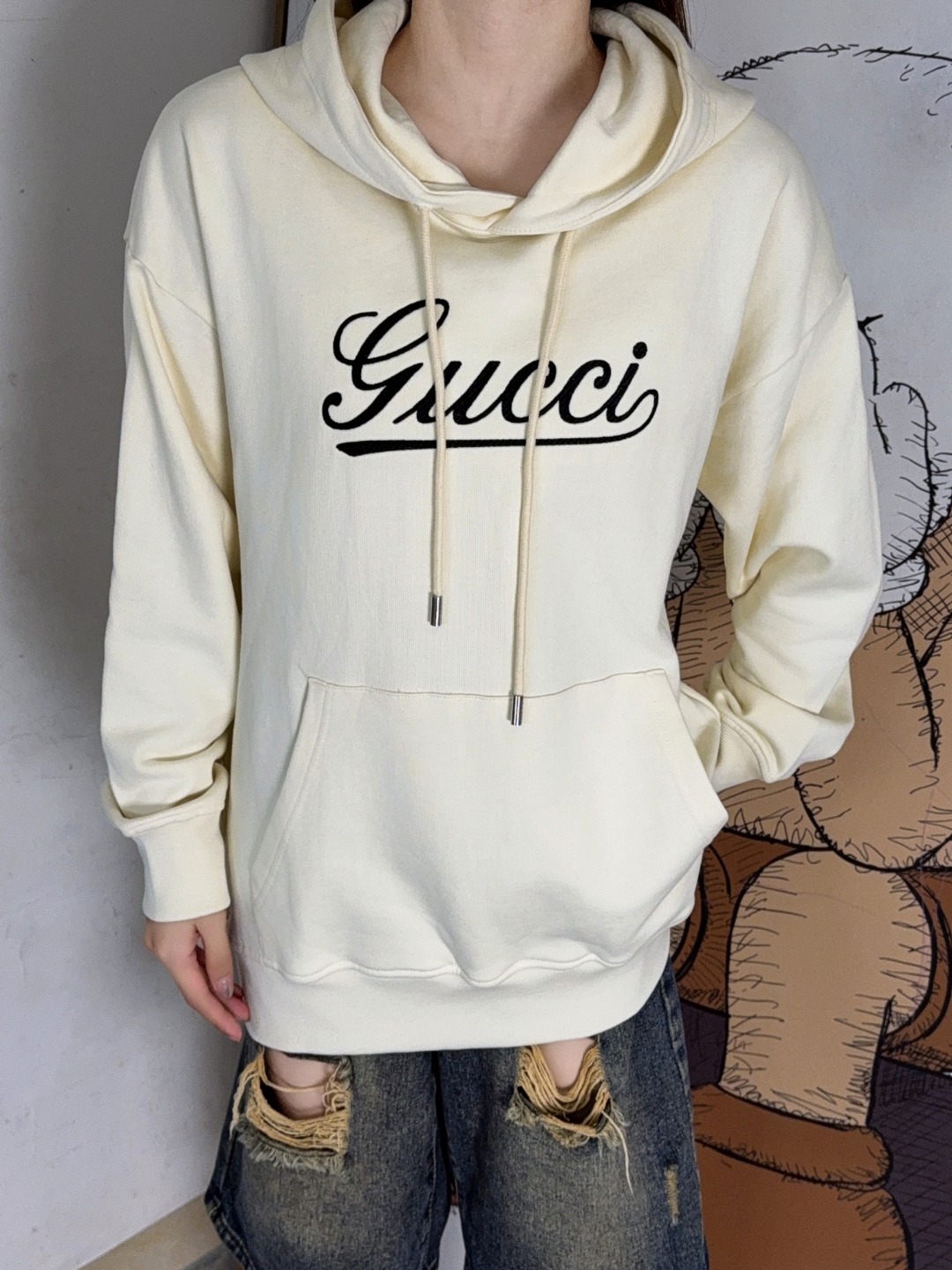 Gucci/古驰 25Fw 音符签名logo字母刺绣连帽卫衣 上身效果#