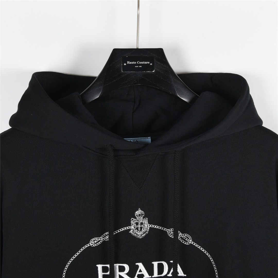 Prada/普拉达 25Fw 徽标刺绣袖口条纹连帽卫衣黑色 杏色