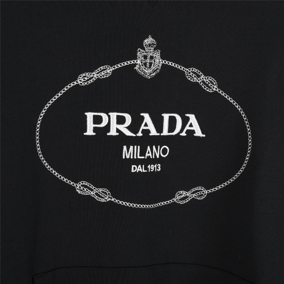 Prada/普拉达 25Fw 徽标刺绣袖口条纹连帽卫衣黑色 杏色