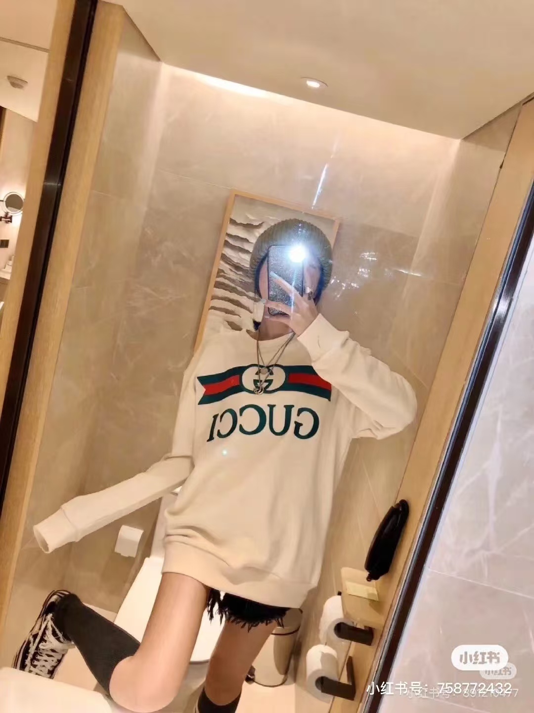 Gucci/古驰 25Fw 红绿腰带logo刺绣圆领卫衣 上身效果#