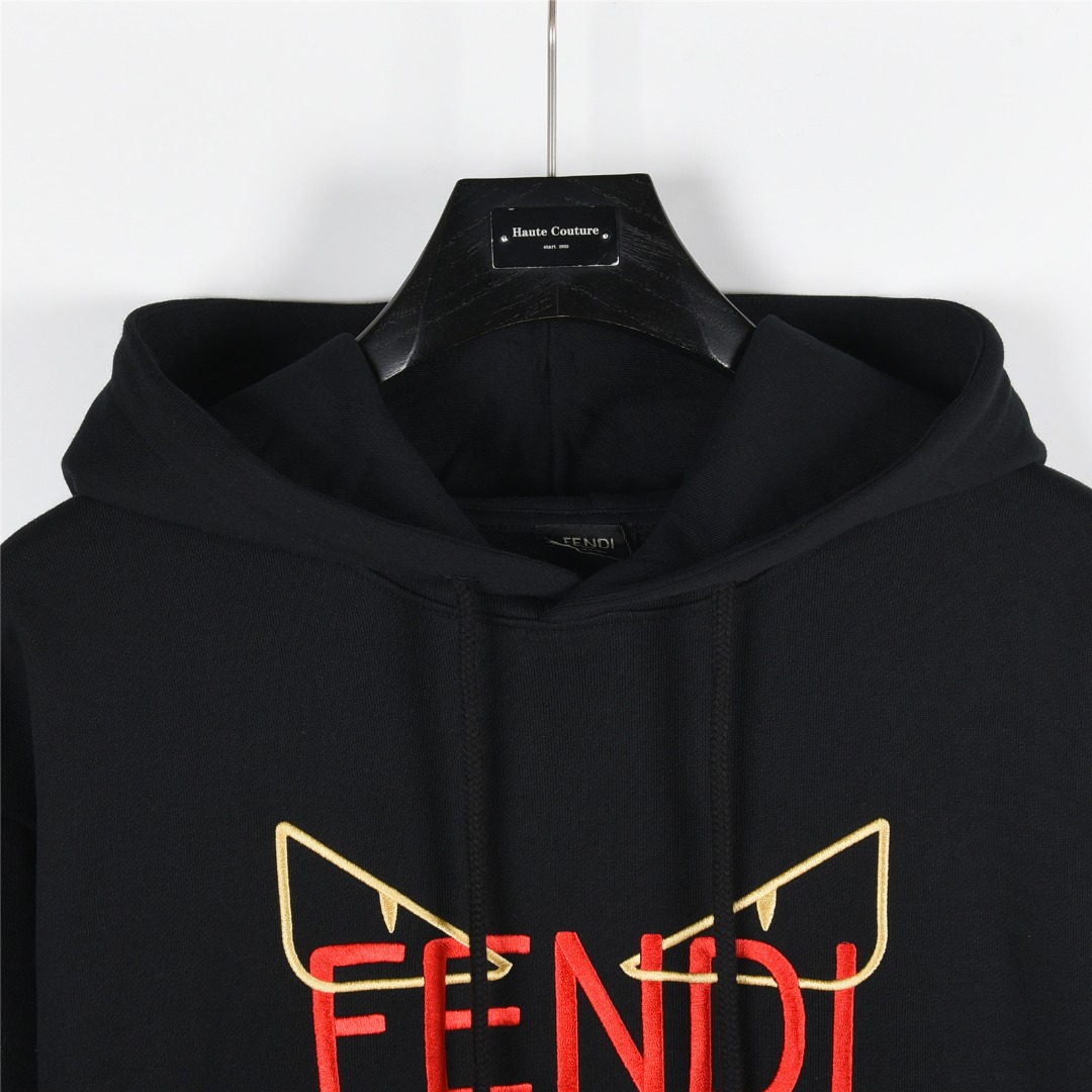 Fendi/芬迪 25Fw 小怪兽眼睛刺绣LOGO连帽卫衣 黑色 白色