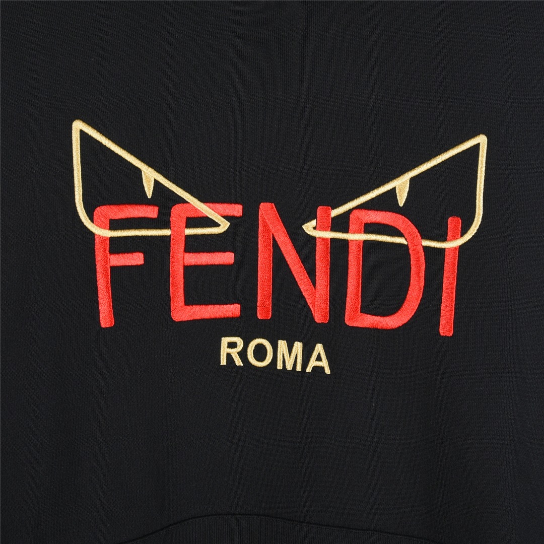 Fendi/芬迪 25Fw 小怪兽眼睛刺绣LOGO连帽卫衣 黑色 白色