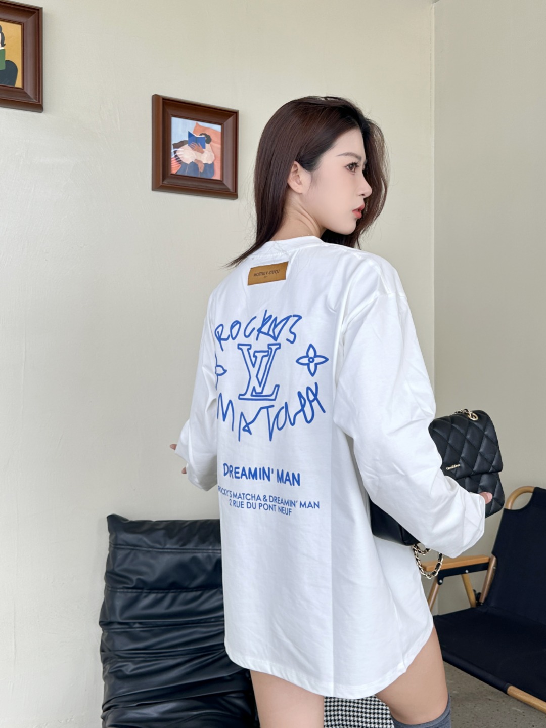 Louis Vuitton/路易威登 25Fw 梦想家涂鸦标语印花长袖T恤 上身效果#