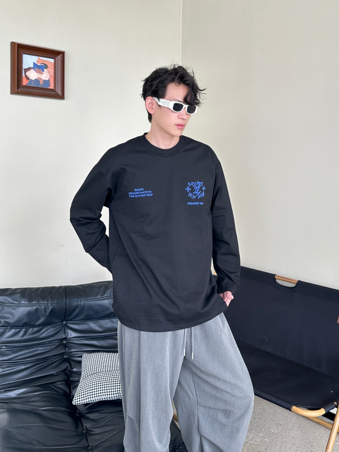 Louis Vuitton/路易威登 25Fw 梦想家涂鸦标语印花长袖T恤 上身效果#