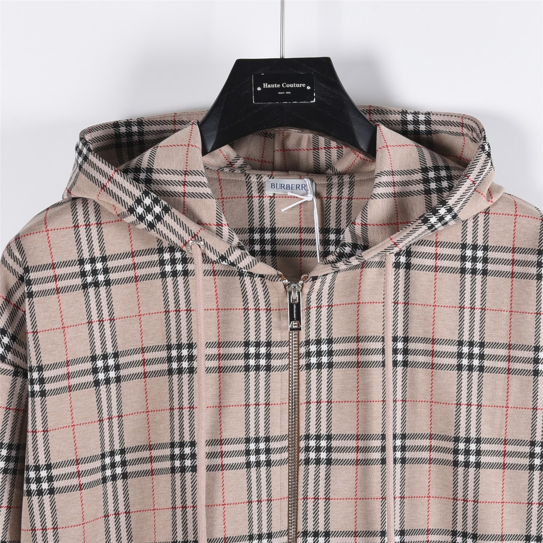 Burberry/巴宝莉 25Fw 格纹拉链抽绳连帽外套 卡其色 黑色