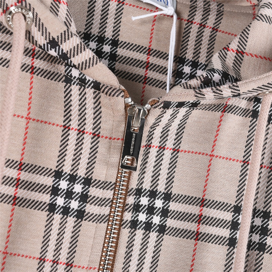 Burberry/巴宝莉 25Fw 格纹拉链抽绳连帽外套 卡其色 黑色