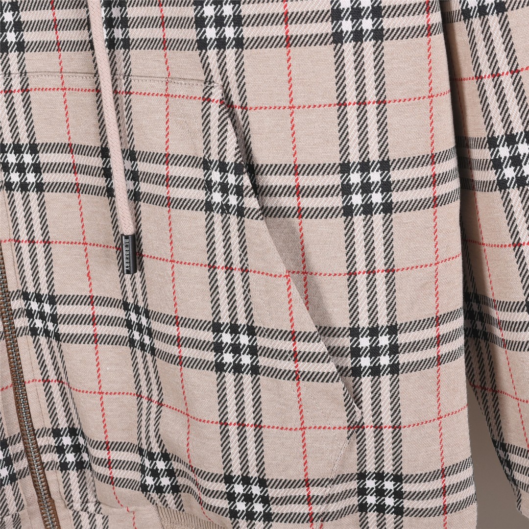 Burberry/巴宝莉 25Fw 格纹拉链抽绳连帽外套 卡其色 黑色