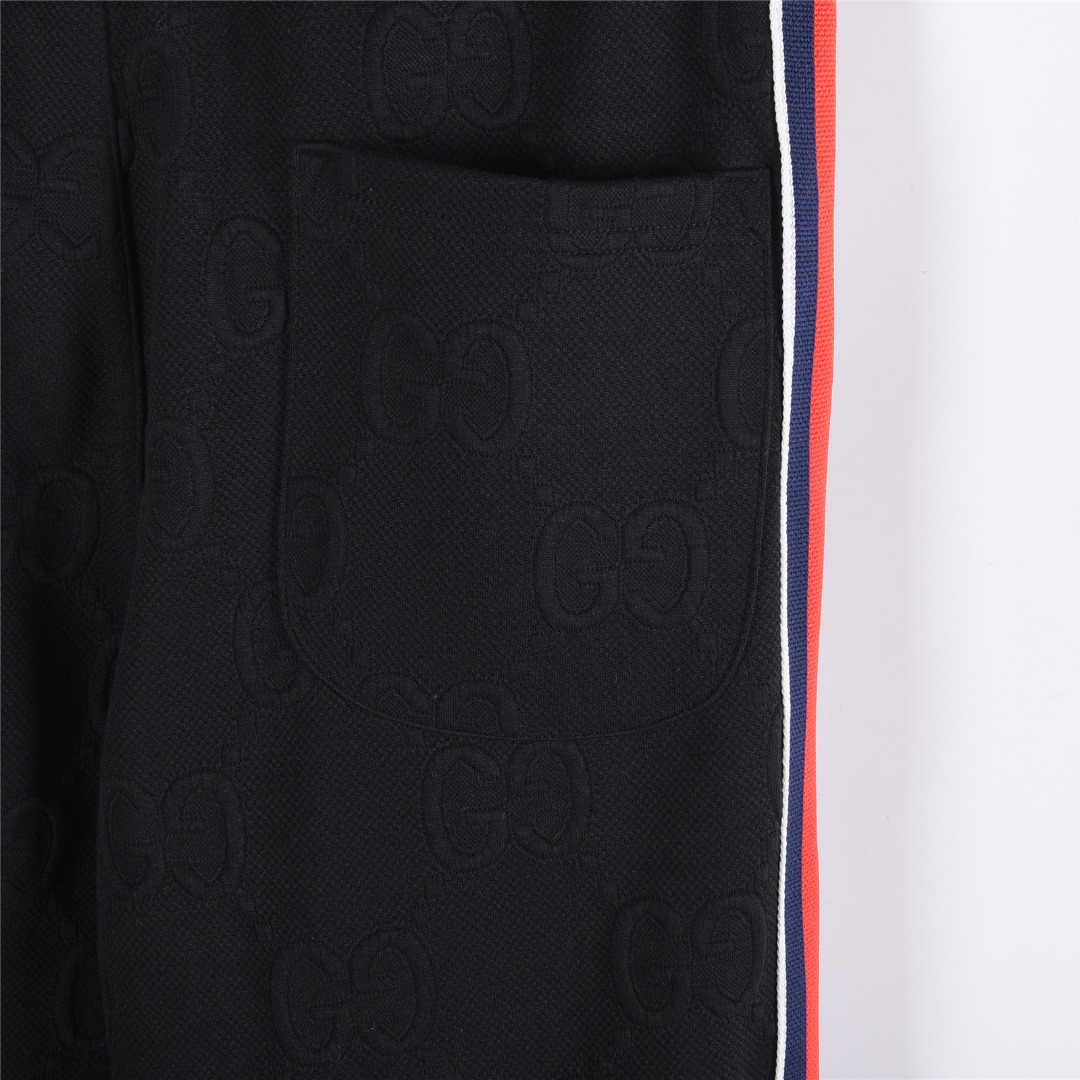 Gucci/古驰 25Fw 全幅双G提花红绿条织带套装运动长裤 黑色 墨绿色