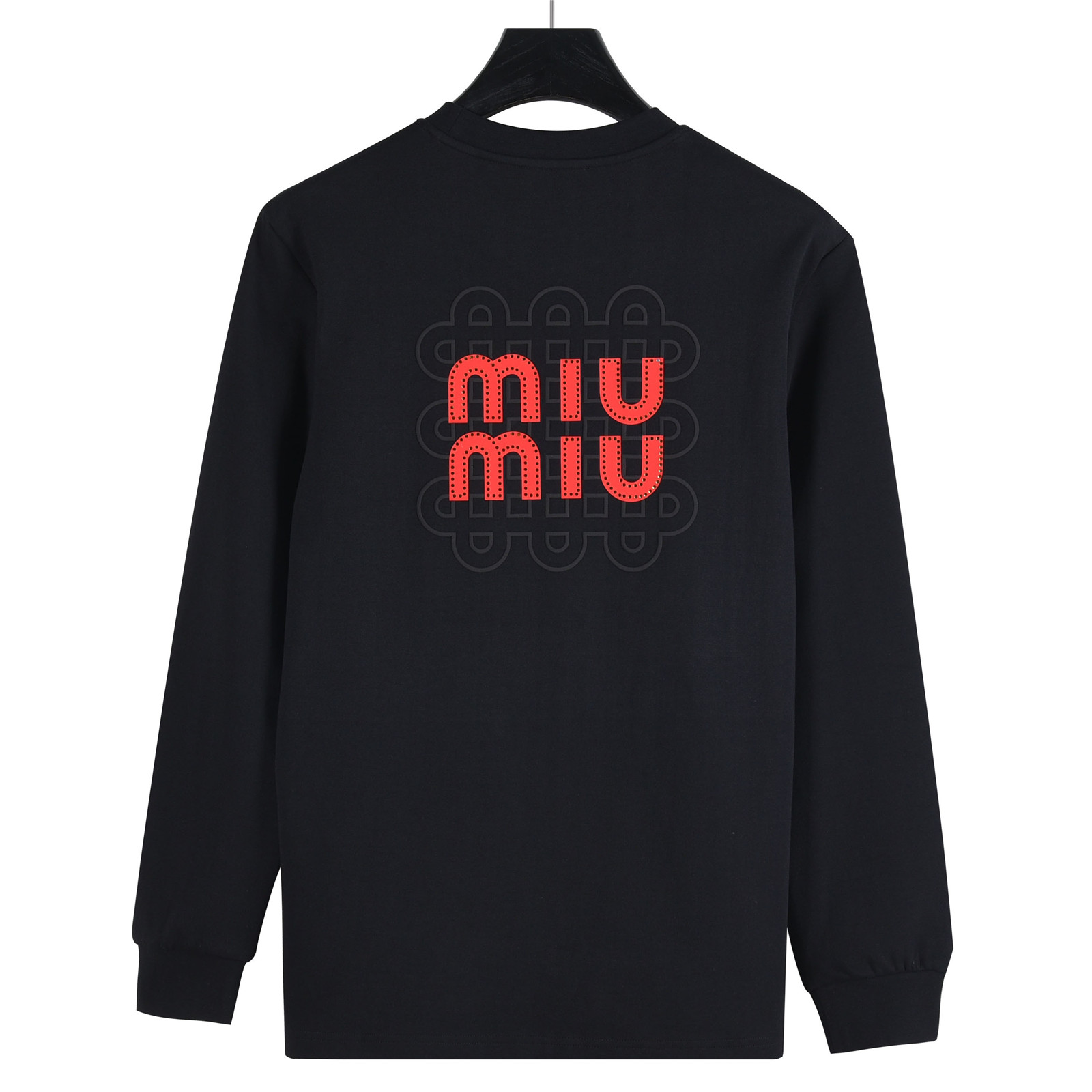 MiuMiu/缪缪 25Fw 后背大logo发泡贴皮刺绣长袖T恤 黑色 白色