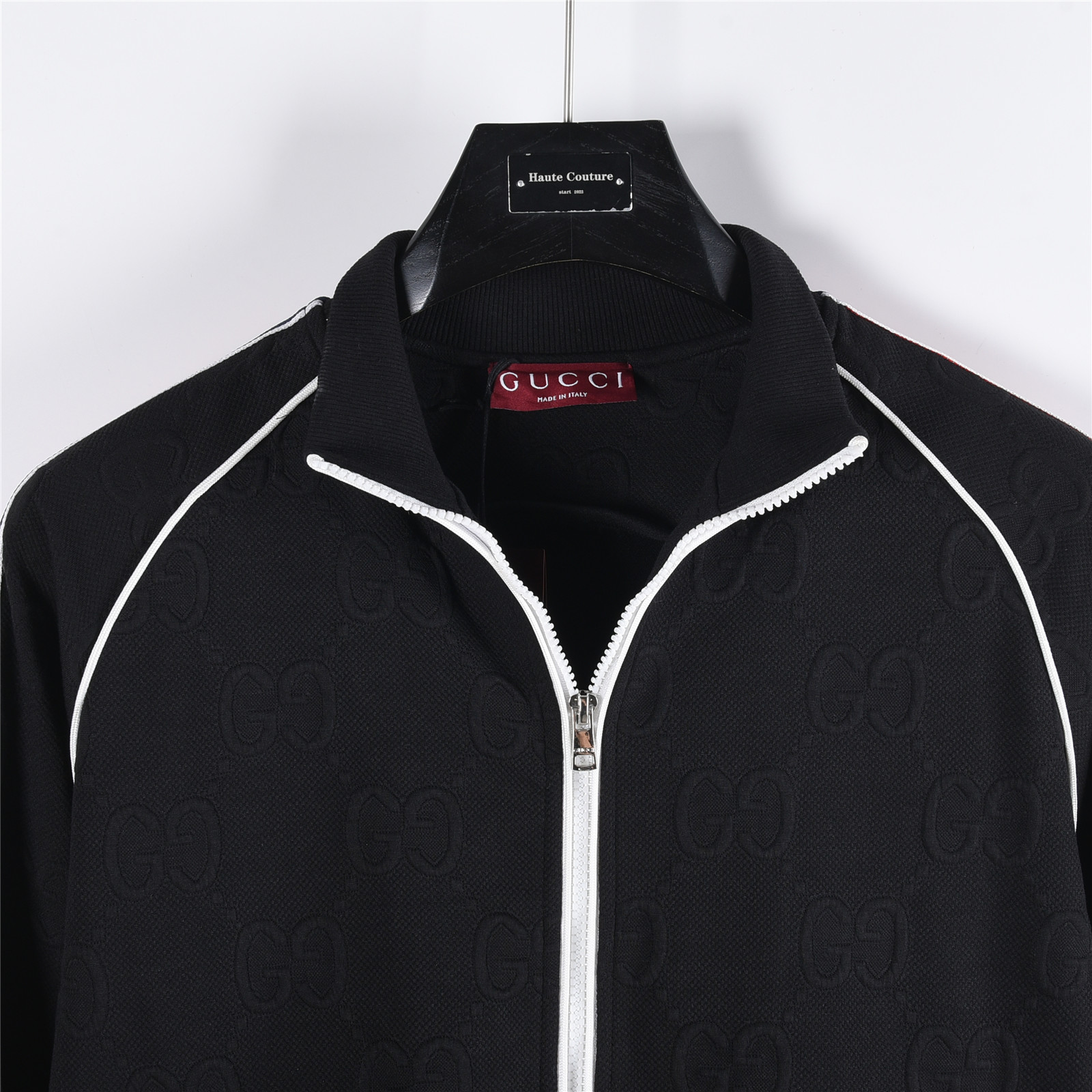 Gucci/古驰 25Fw 双G暗纹提花红绿织带拼接连帽套装拉链外套 黑色 白色