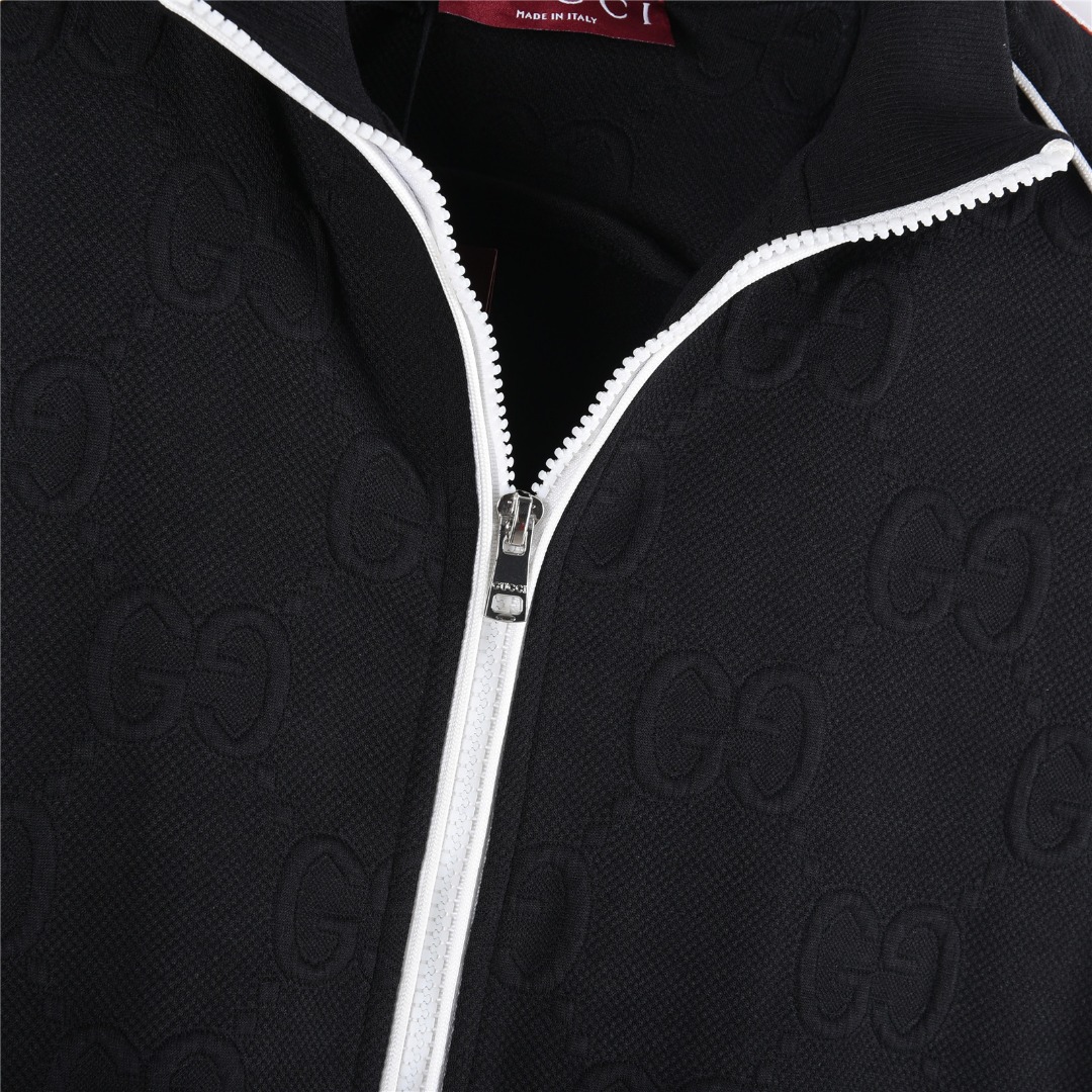 Gucci/古驰 25Fw 双G暗纹提花红绿织带拼接连帽套装拉链外套 黑色 白色