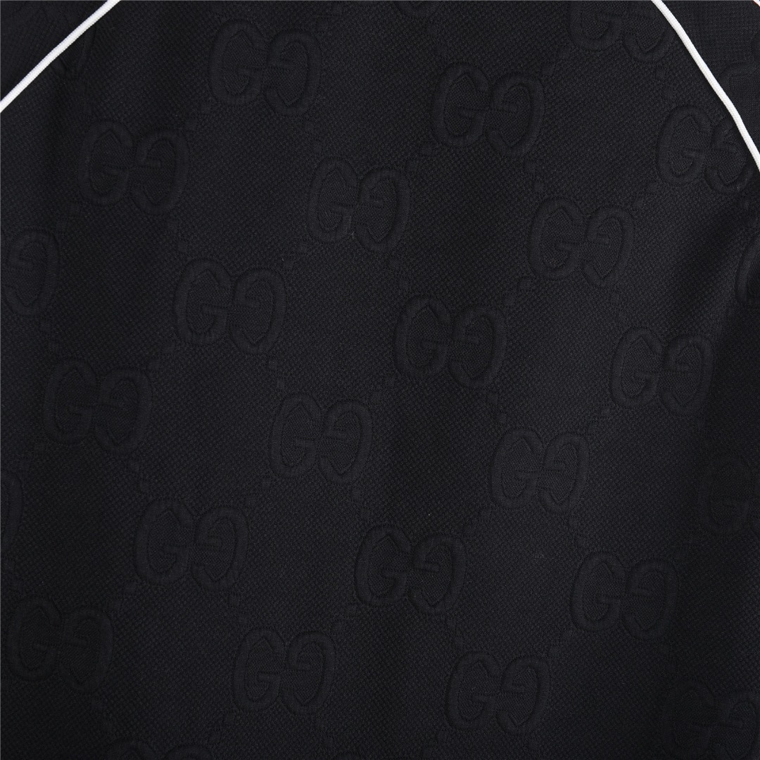 Gucci/古驰 25Fw 双G暗纹提花红绿织带拼接连帽套装拉链外套 黑色 白色