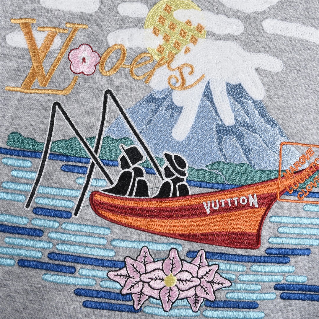 LouisVuitton/路易威登25Fw 垂钓者风景刺绣长袖T恤灰色 白色