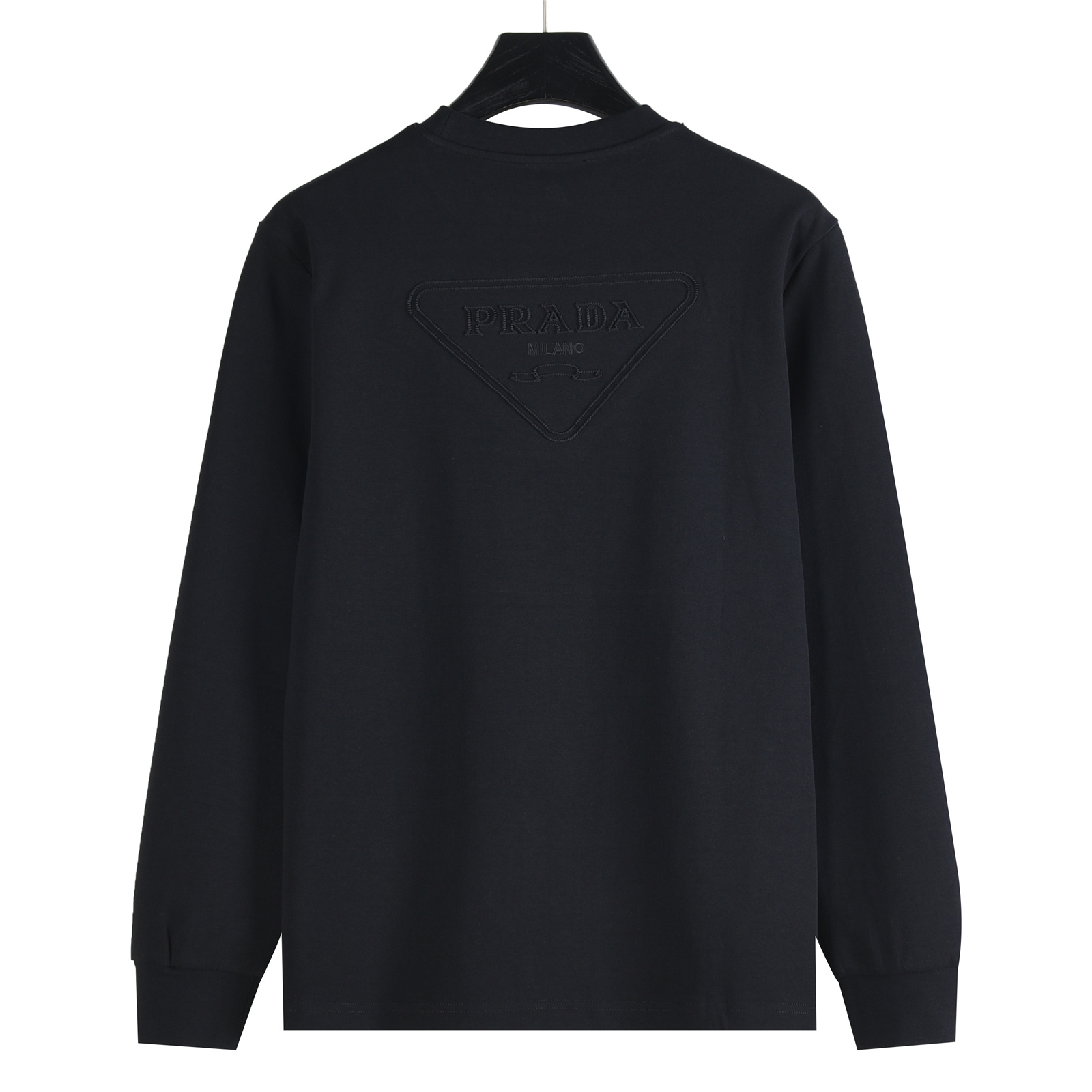 Prada/普拉达 25Fw 金属三角标及后背暗纹拱徽标桥刺绣长袖T恤 黑色 白色